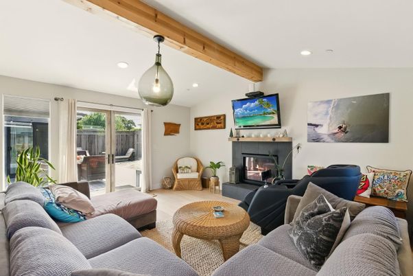 Fireplace, Interior, Living room, Pendant Lights, Recessed Lighting, Wooden Beams, Wood Texture Flooring