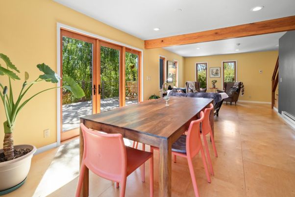 Dining room, Interior, Living room, Recessed Lighting, Wooden Beams