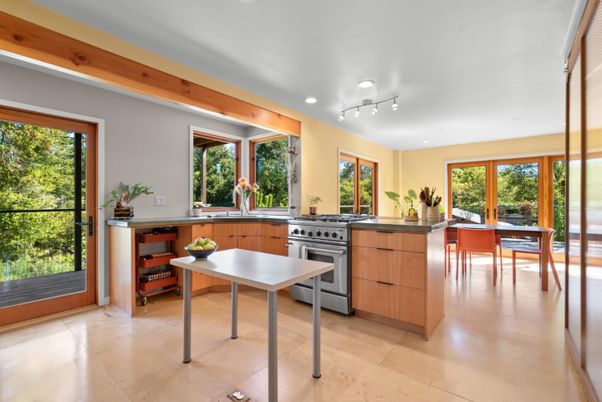 Dining room, Interior, Kitchen, Recessed Lighting, Stainless Steel Appliances, Wooden Beams