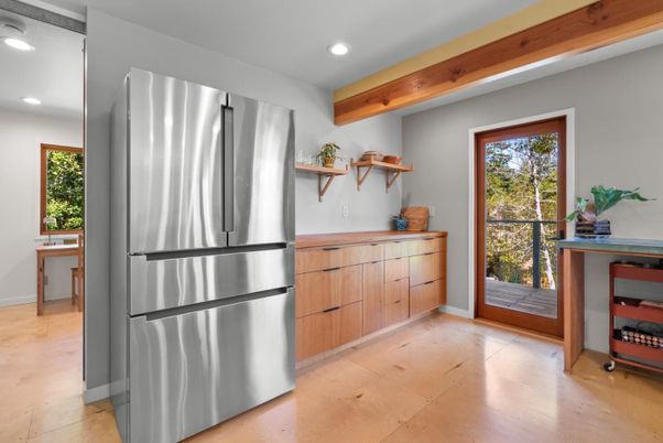 Interior, Kitchen, Recessed Lighting, Stainless Steel Appliances, Wooden Beams