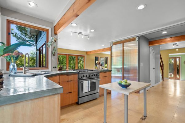 Interior, Kitchen, Recessed Lighting, Stainless Steel Appliances, Wooden Beams