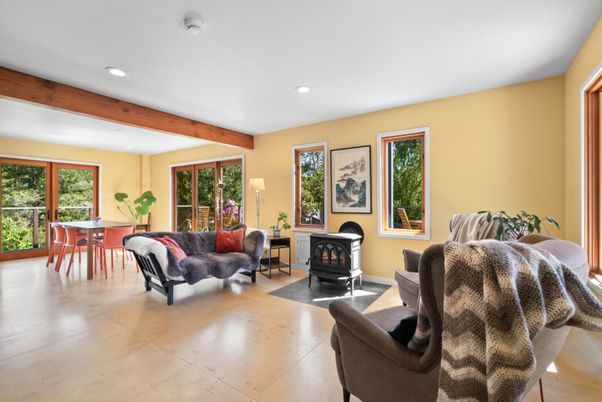 Dining room, Fireplace, Interior, Living room, Recessed Lighting, Wooden Beams