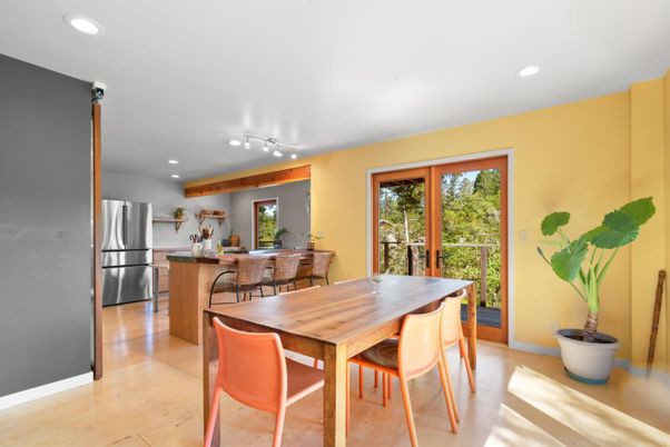 Dining room, Interior, Kitchen, Recessed Lighting, Stainless Steel Appliances, Wood Texture Flooring