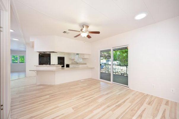 Empty room, Interior, Kitchen, Recessed Lighting, Wood Texture Flooring