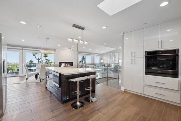 Chandelier, Dining room, Fireplace, Interior, Kitchen, Pendant Lights, Recessed Lighting, Wood Texture Flooring