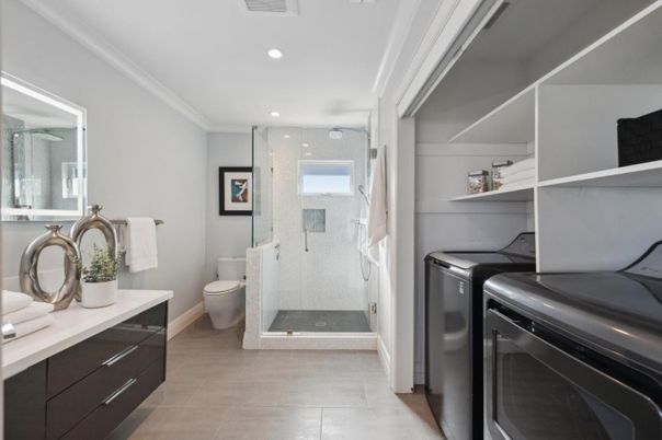 Bathroom, Glass Shower, Interior, Recessed Lighting, Washer