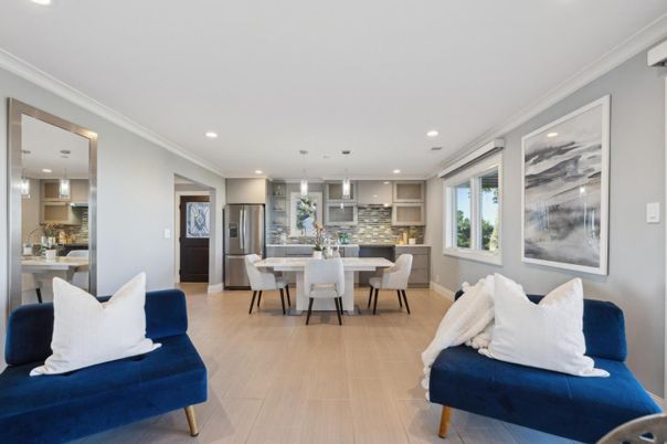 Dining room, Interior, Kitchen, Living room, Pendant Lights, Recessed Lighting, Stainless Steel Appliances, Wood Texture Flooring
