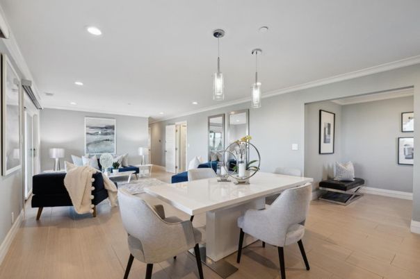 Dining room, Interior, Living room, Pendant Lights, Recessed Lighting, Wood Texture Flooring