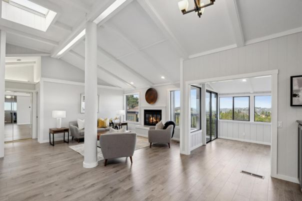 Fireplace, Interior, Living room, Recessed Lighting, Wood Texture Flooring