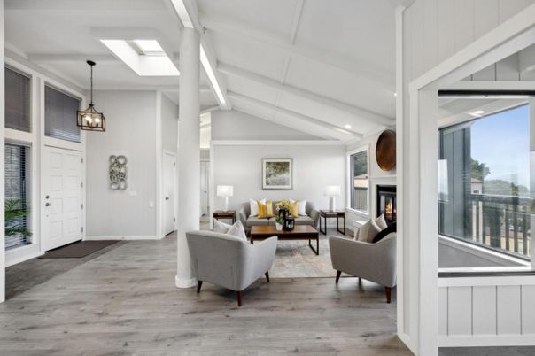 Fireplace, Interior, Living room, Pendant Lights, Recessed Lighting, Wood Texture Flooring