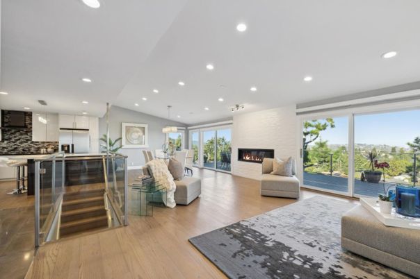 Dining room, Fireplace, Interior, Kitchen, Living room, Pendant Lights, Recessed Lighting, Stainless Steel Appliances, Wood Texture Flooring