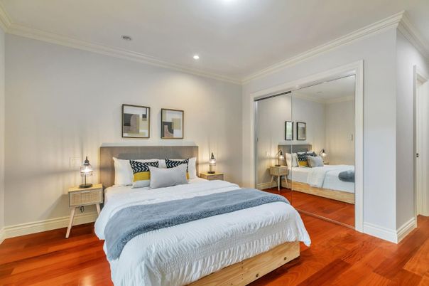 Bedroom, Interior, Recessed Lighting, Wood Texture Flooring