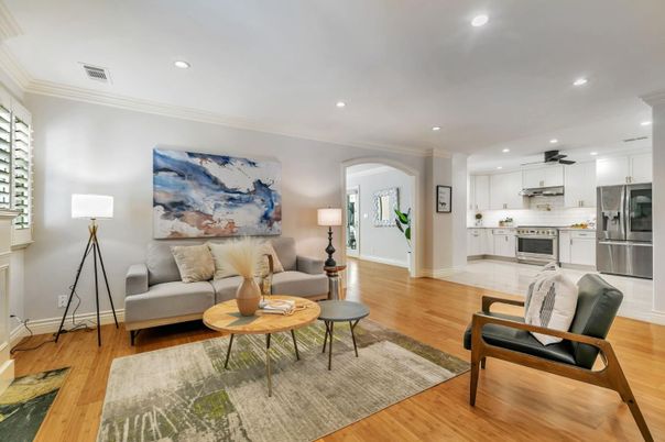 Interior, Kitchen, Living room, Recessed Lighting, Stainless Steel Appliances, Wood Texture Flooring