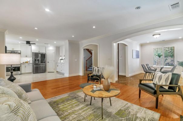 Dining room, Interior, Kitchen, Living room, Recessed Lighting, Stainless Steel Appliances, Wood Texture Flooring