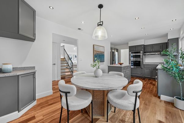 Dining room, Interior, Kitchen, Pendant Lights, Recessed Lighting, Stainless Steel Appliances, Wood Texture Flooring