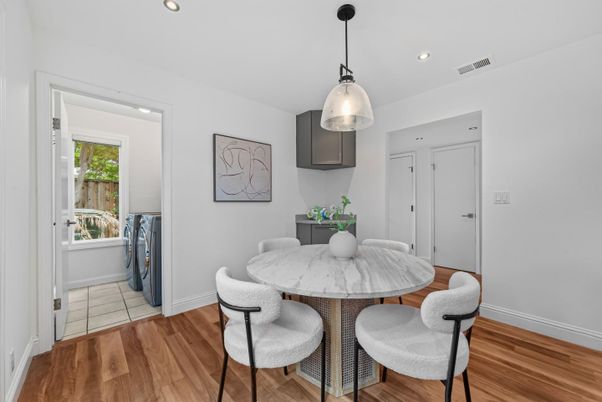 Dining room, Interior, Pendant Lights, Recessed Lighting, Wood Texture Flooring