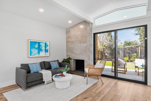 Fireplace, Interior, Living room, Recessed Lighting, Wood Texture Flooring