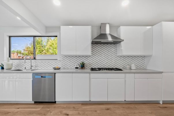 Interior, Kitchen, Recessed Lighting, Stainless Steel Appliances, Wood Texture Flooring