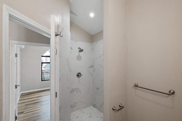Bathroom, Interior, Marble Walls, Recessed Lighting, Wood Texture Flooring