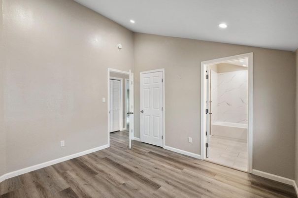 Bathroom, Empty room, Interior, Marble Walls, Recessed Lighting, Wood Texture Flooring