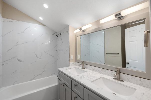 Bathroom, Dual Sink Vanities, Interior, Marble Walls, Recessed Lighting