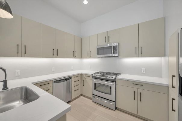 Interior, Kitchen, Recessed Lighting, Stainless Steel Appliances, Wood Texture Flooring