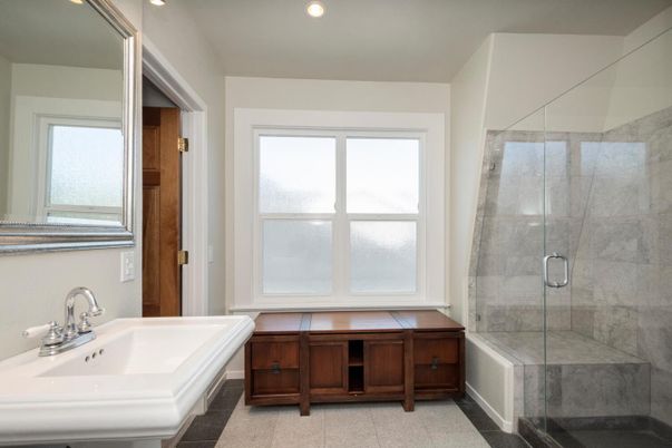Bathroom, Glass Shower, Interior, Marble Walls, Recessed Lighting