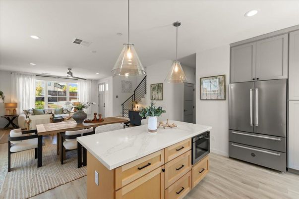 Dining room, Interior, Kitchen, Living room, Pendant Lights, Recessed Lighting, Stainless Steel Appliances, Wood Texture Flooring