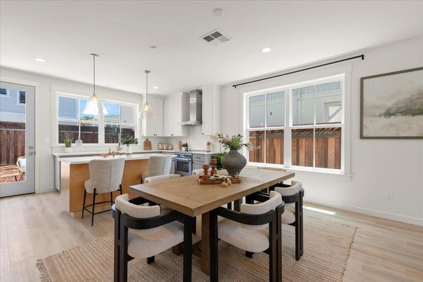 Dining room, Interior, Kitchen, Pendant Lights, Recessed Lighting, Wood Texture Flooring