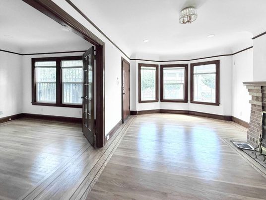 Empty room, Fireplace, Interior, Recessed Lighting, Wood Texture Flooring