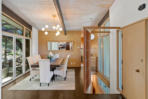 Dining room, Interior, Pendant Lights, Wooden Ceilings, Wood Texture Flooring, Wooden Walls