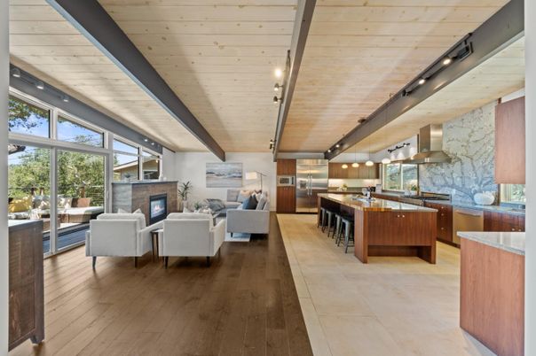 Fireplace, Interior, Kitchen, Living room, Stainless Steel Appliances, Wooden Ceilings, Wood Texture Flooring