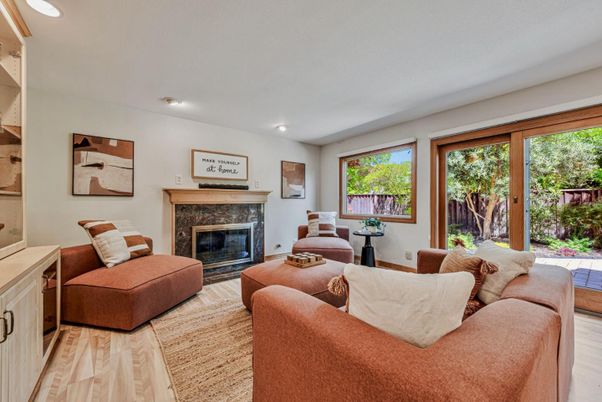 Fireplace, Interior, Living room, Recessed Lighting, Wood Texture Flooring