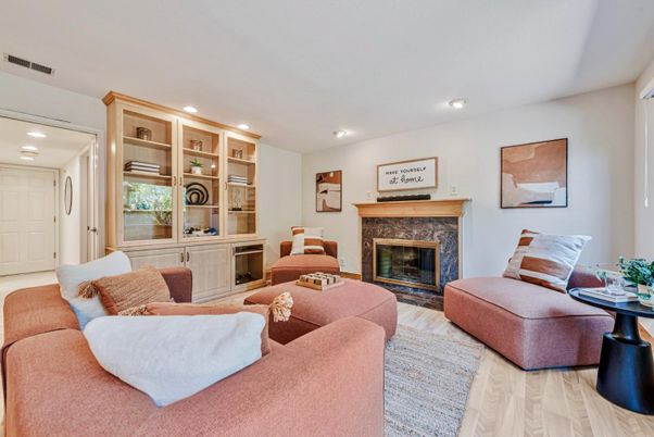 Fireplace, Interior, Living room, Recessed Lighting, Wood Texture Flooring