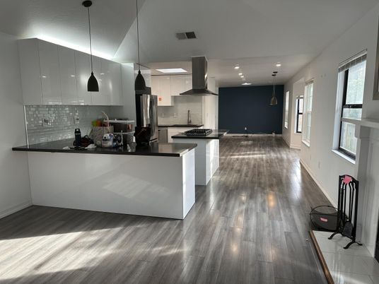 Interior, Kitchen, Pendant Lights, Recessed Lighting, Stainless Steel Appliances, Wood Texture Flooring