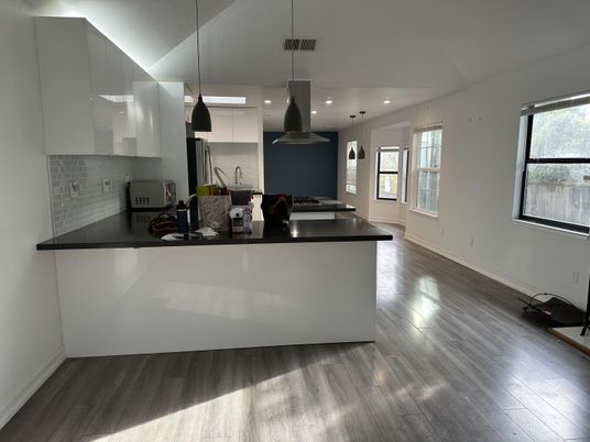 Interior, Kitchen, Pendant Lights, Recessed Lighting, Wood Texture Flooring