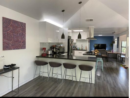 Dining room, Interior, Kitchen, Pendant Lights, Recessed Lighting, Wood Texture Flooring