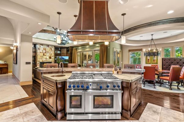 Chandelier, Dining room, Fireplace, Interior, Kitchen, Living room, Pendant Lights, Recessed Lighting, Wood Texture Flooring