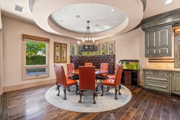 Dining room, Interior, Pendant Lights, Recessed Lighting, Wood Texture Flooring
