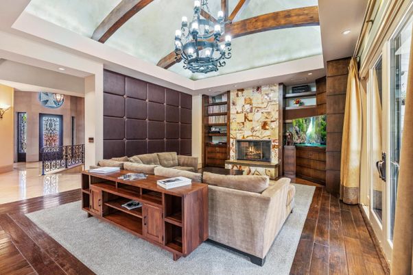 Chandelier, Fireplace, Interior, Living room, Recessed Lighting, Wooden Beams, Wood Texture Flooring