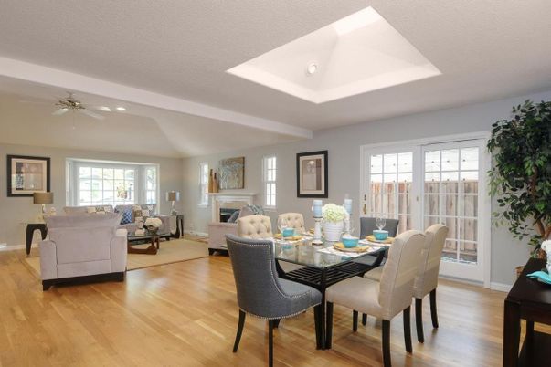 Dining room, Fireplace, Interior, Living room, Recessed Lighting, Wood Texture Flooring