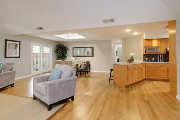 Dining room, Interior, Kitchen, Living room, Recessed Lighting, Wood Texture Flooring