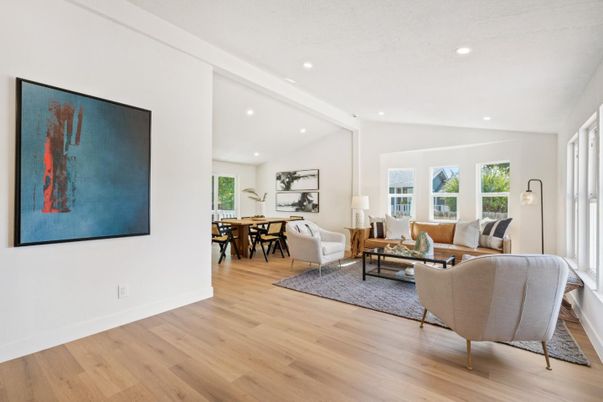 Dining room, Interior, Living room, Recessed Lighting, Wood Texture Flooring