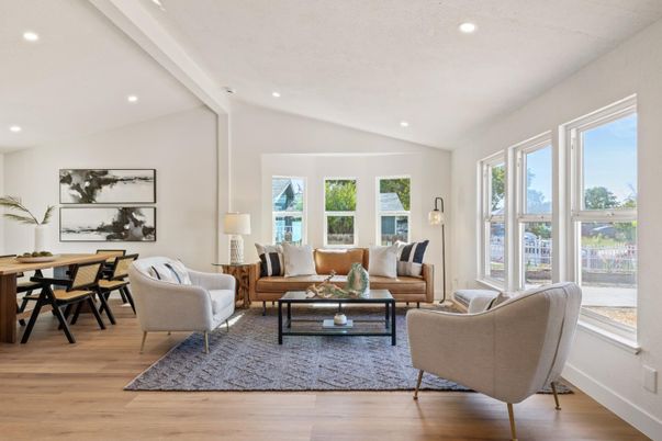 Dining room, Interior, Living room, Recessed Lighting, Wood Texture Flooring