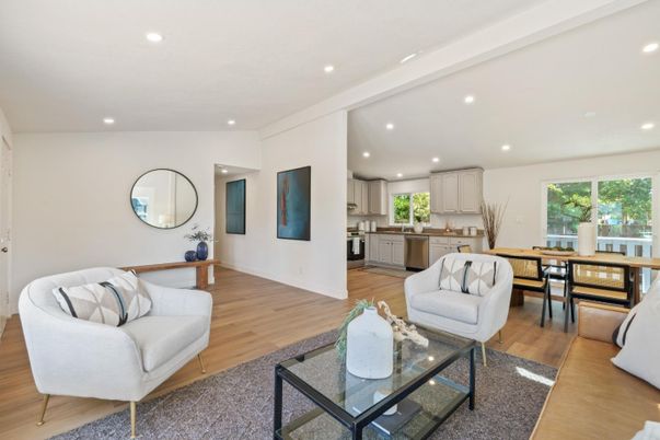 Dining room, Interior, Kitchen, Living room, Recessed Lighting, Wood Texture Flooring