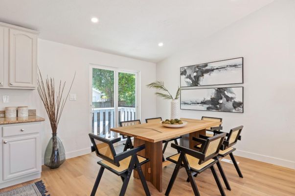 Dining room, Interior, Recessed Lighting, Wood Texture Flooring