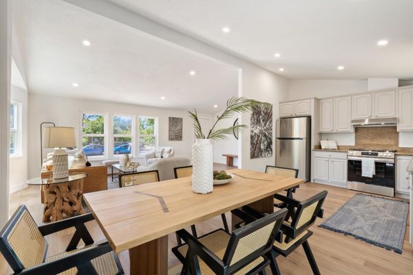 Dining room, Interior, Kitchen, Living room, Recessed Lighting, Stainless Steel Appliances, Wood Texture Flooring