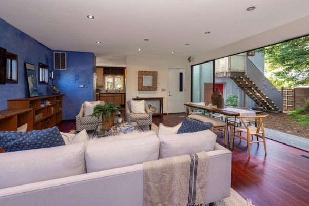 Dining room, Interior, Living room, Recessed Lighting, Wood Texture Flooring