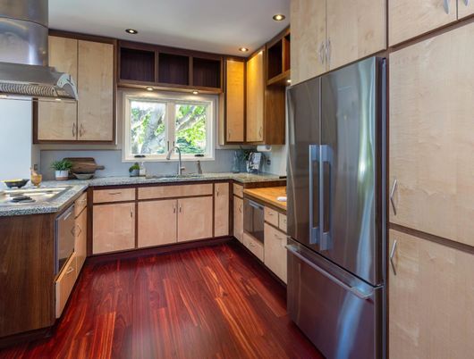 Interior, Kitchen, Recessed Lighting, Stainless Steel Appliances, Wood Texture Flooring
