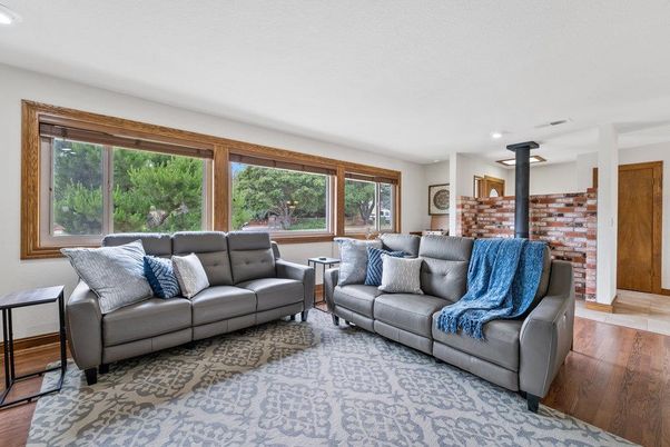 Interior, Living room, Recessed Lighting, Stone Walls, Wood Texture Flooring